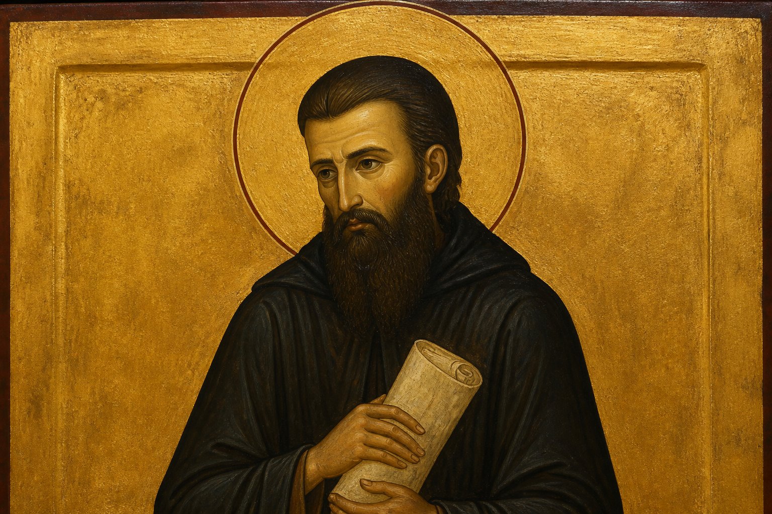 Icoană ortodoxă bizantină a Părintelui Arsenie Boca, cu aureolă aurie.