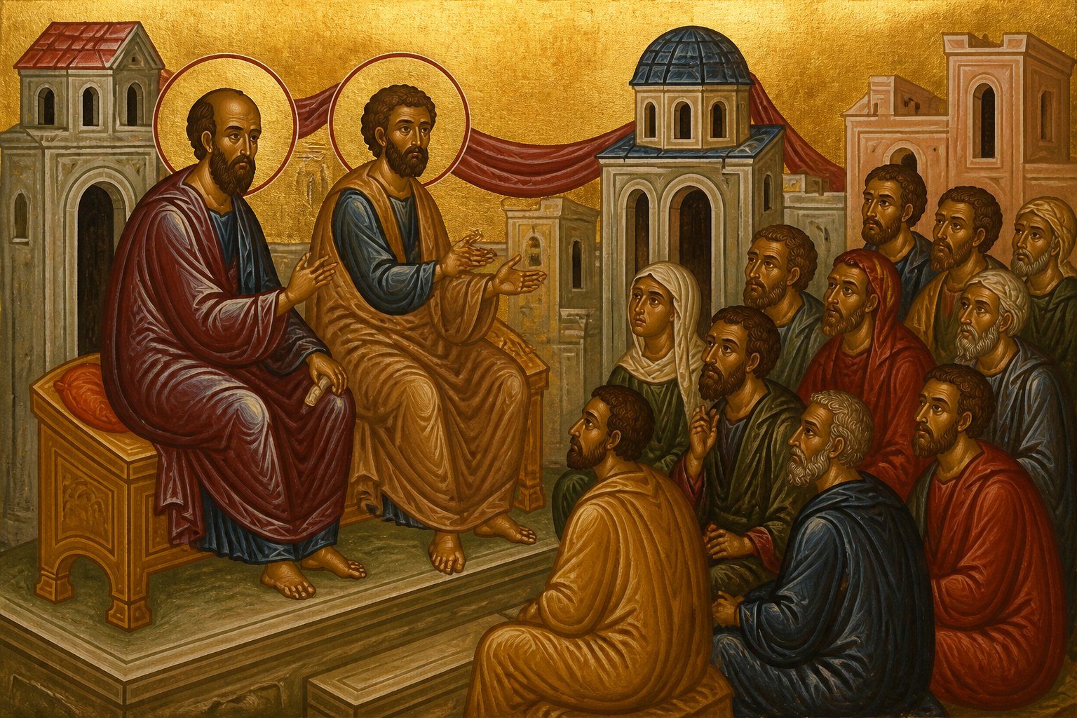 Icoană bizantină cu Sfinții Apostoli Pavel și Barnaba propovăduind în Antiohia.