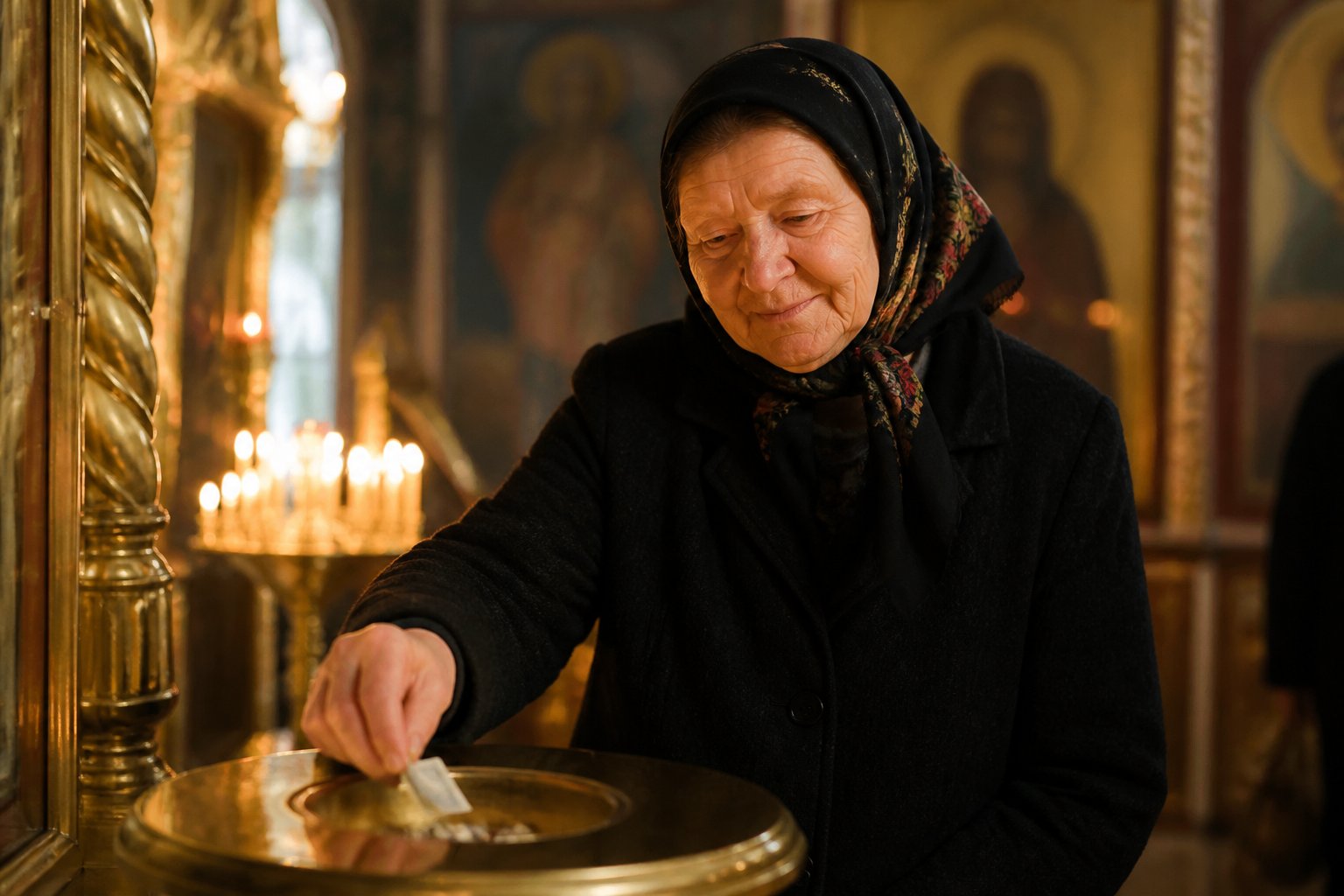 O femeie vârstnică ortodoxă oferind milostenie, simbolizând legătura dintre post și caritate.