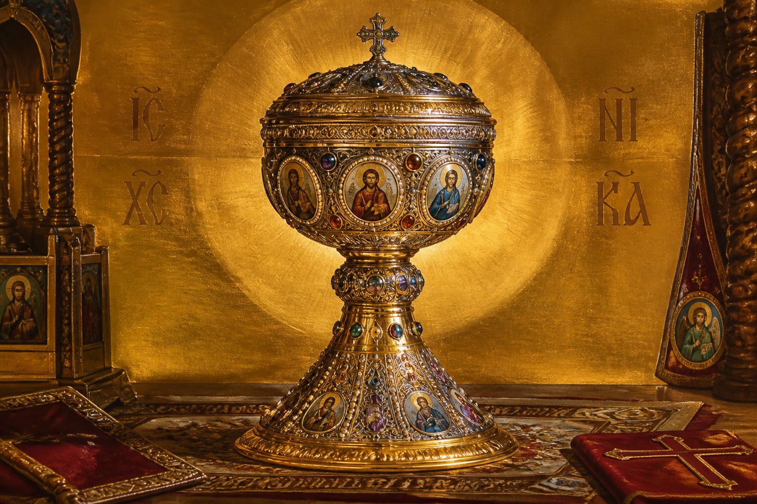 Icoană bizantină a unui potir de aur și argint pe un altar.