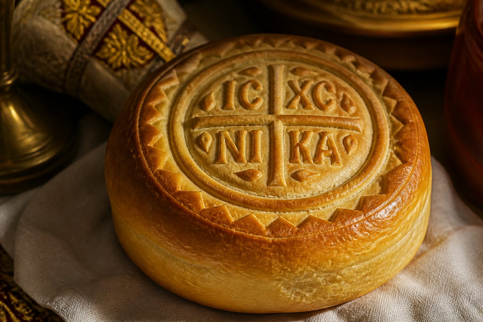 O prescură proaspăt coaptă, cu pecetea 'IC XC NIKA' vizibilă, într-o lumină caldă.