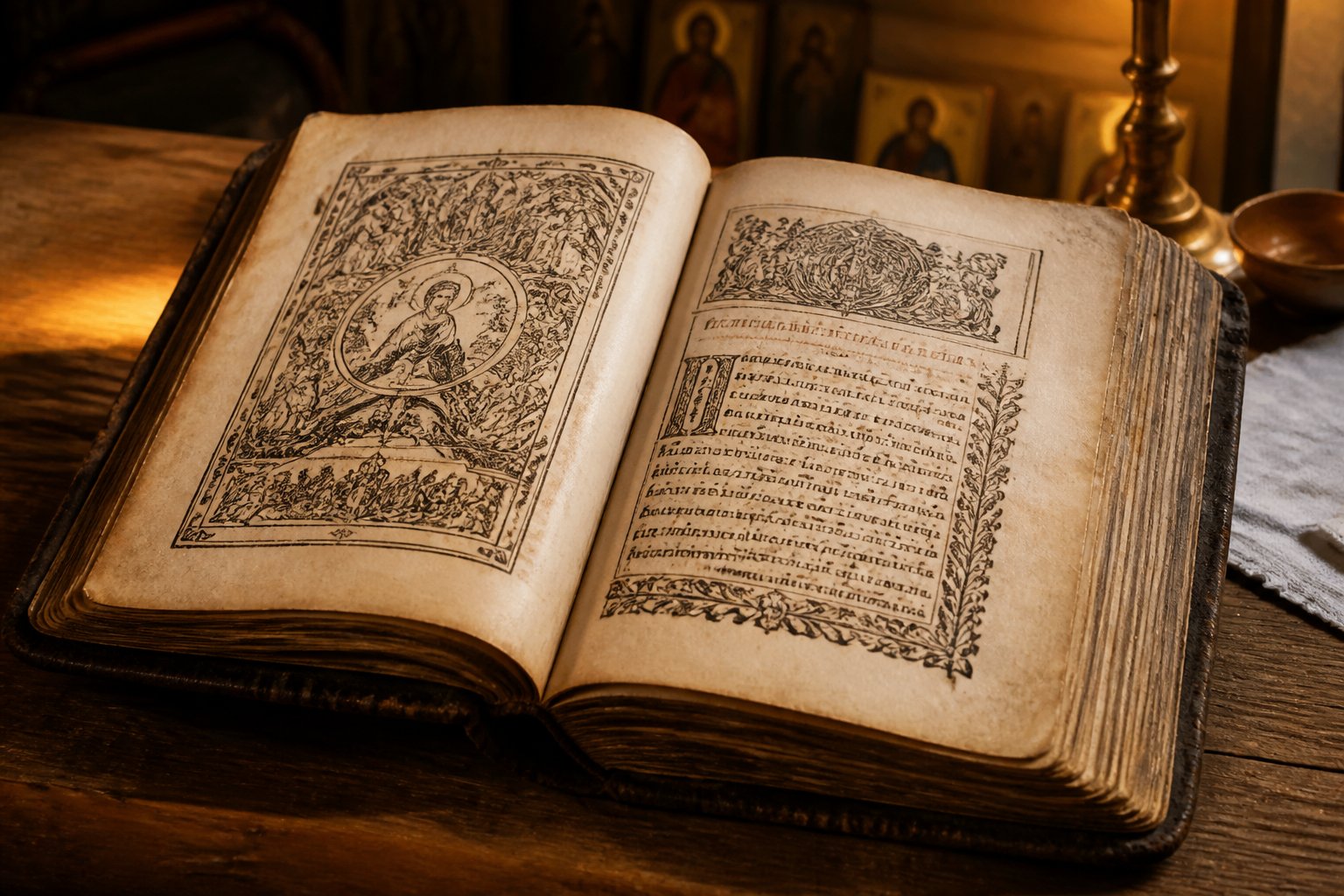 O Biblie veche românească, deschisă, cu pagini scrise în chirilică, pe o masă de lemn.