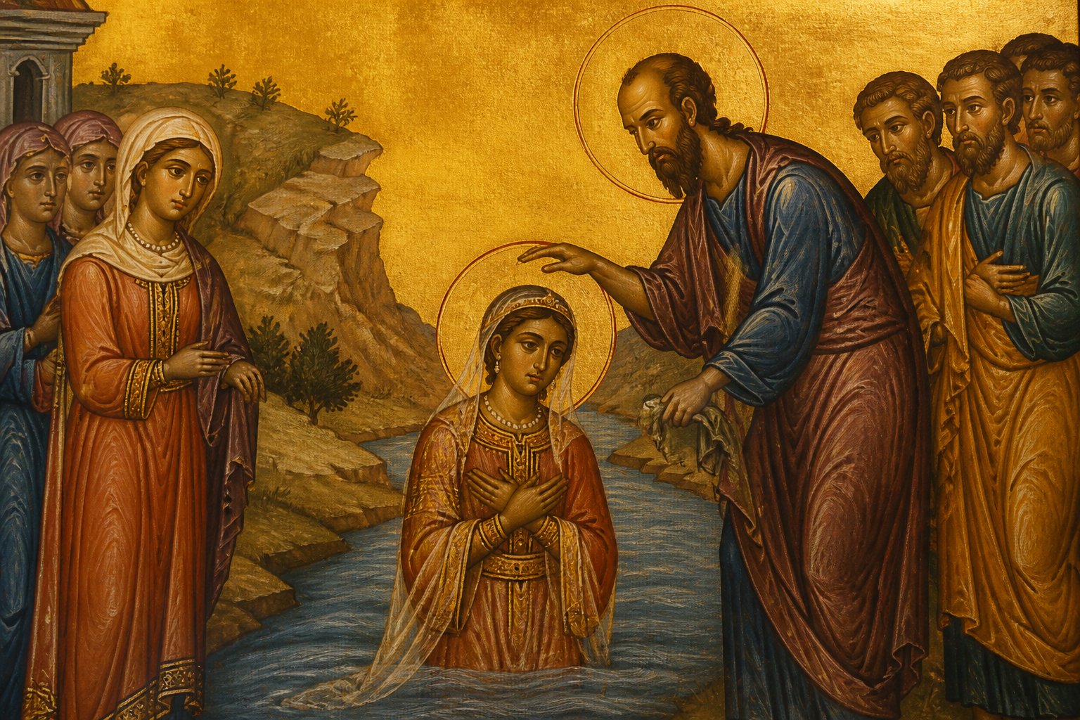Icoană bizantină: Sfânta Lidia din Filipi botezată de Sfântul Apostol Pavel.