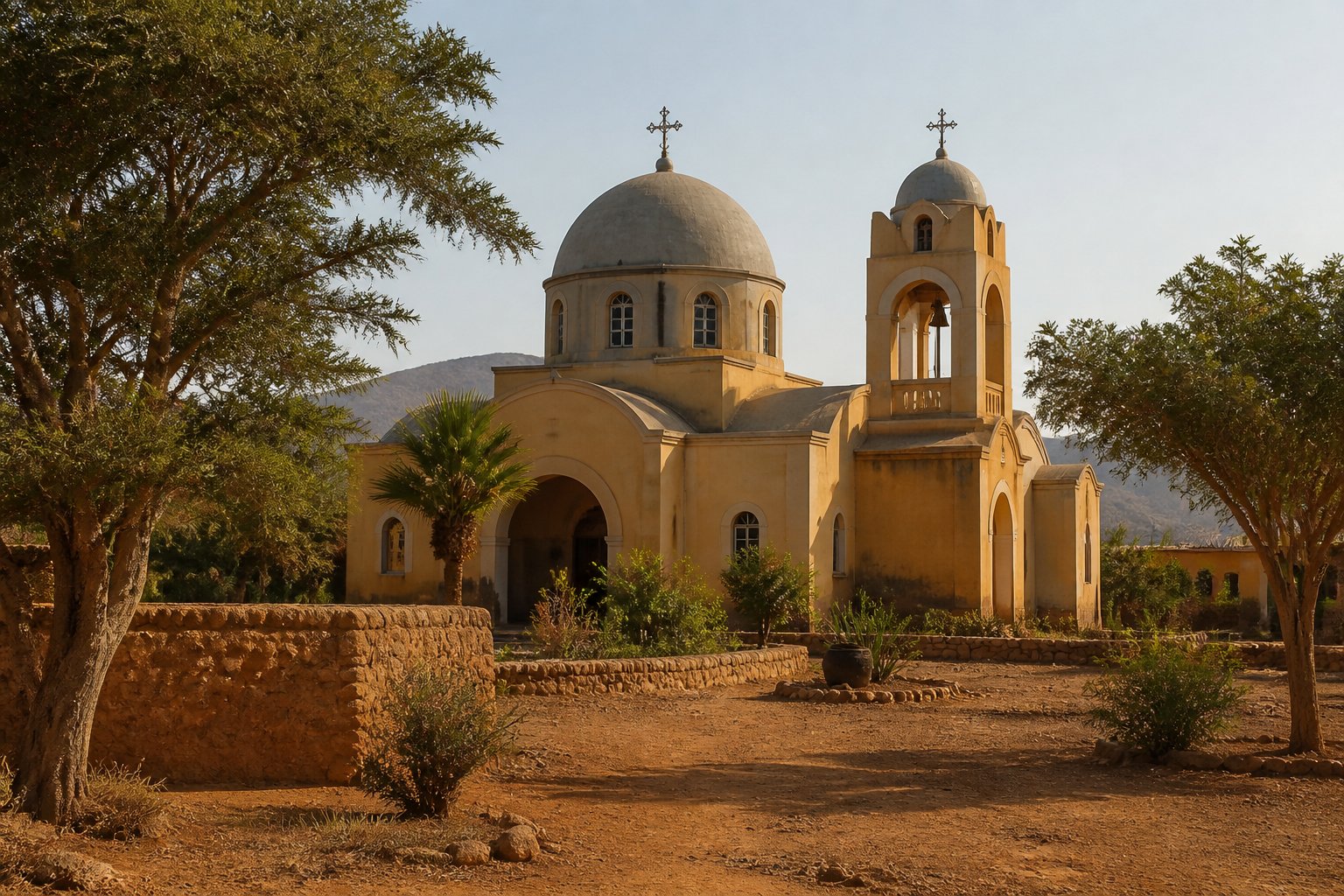 Mănăstire ortodoxă în Africa sub-sahariană, cu arhitectură locală și elemente ortodoxe.