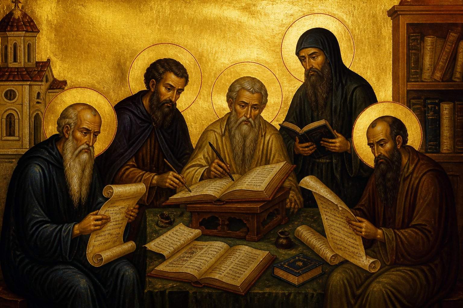 Icoană bizantină cu savanți traducând manuscrise biblice, în stil ortodox autentic.