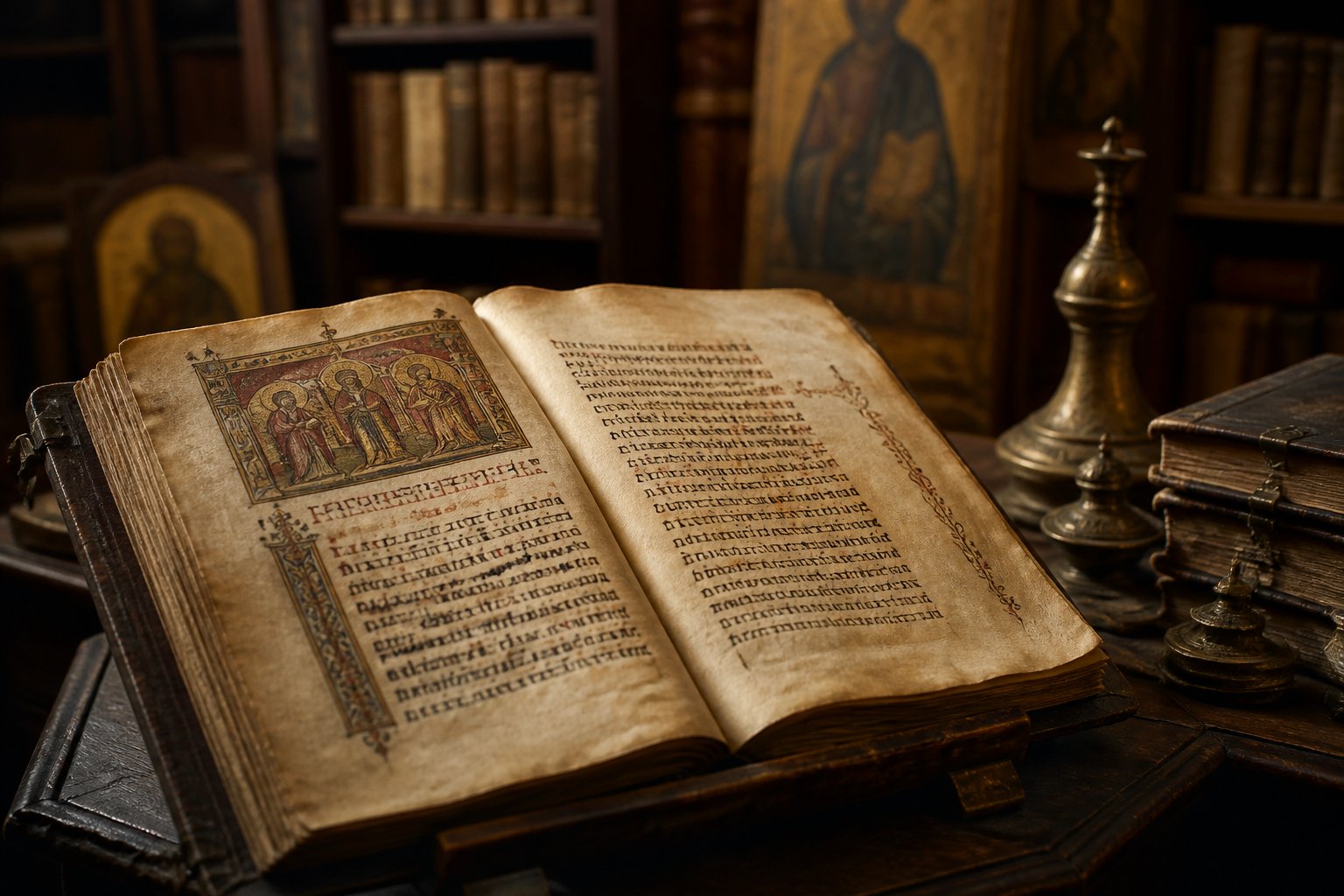 Manuscris bizantin antic, deschis pe o masă de studiu într-o bibliotecă veche.