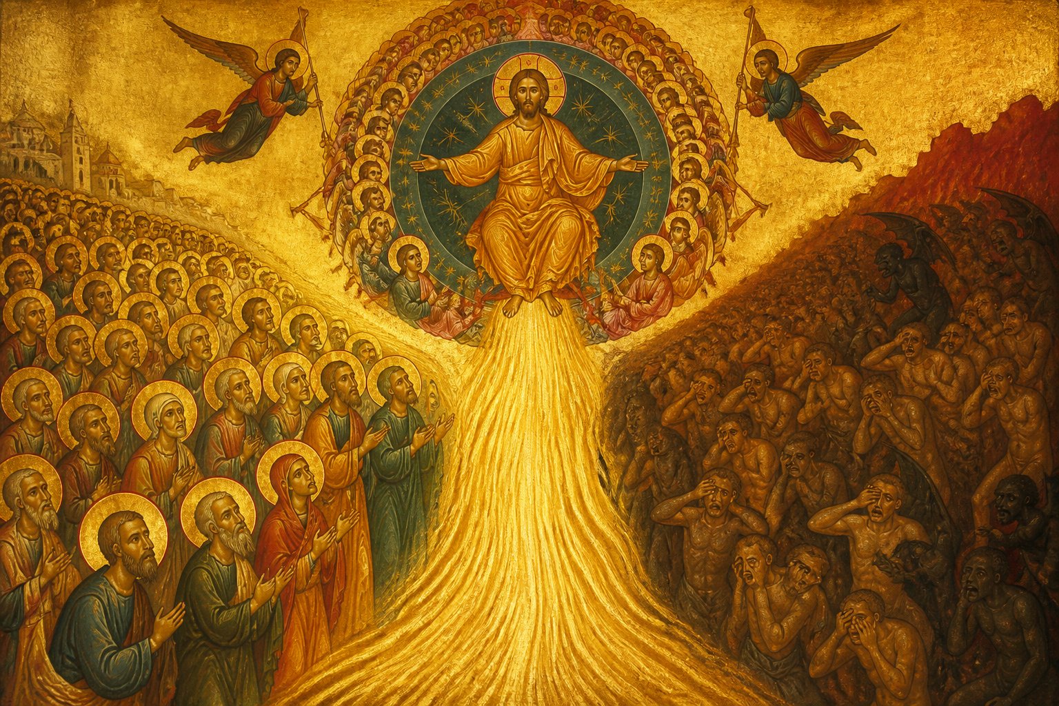 Icoană ortodoxă bizantină a Judecății de Apoi, cu râul de foc ca lumină divină.