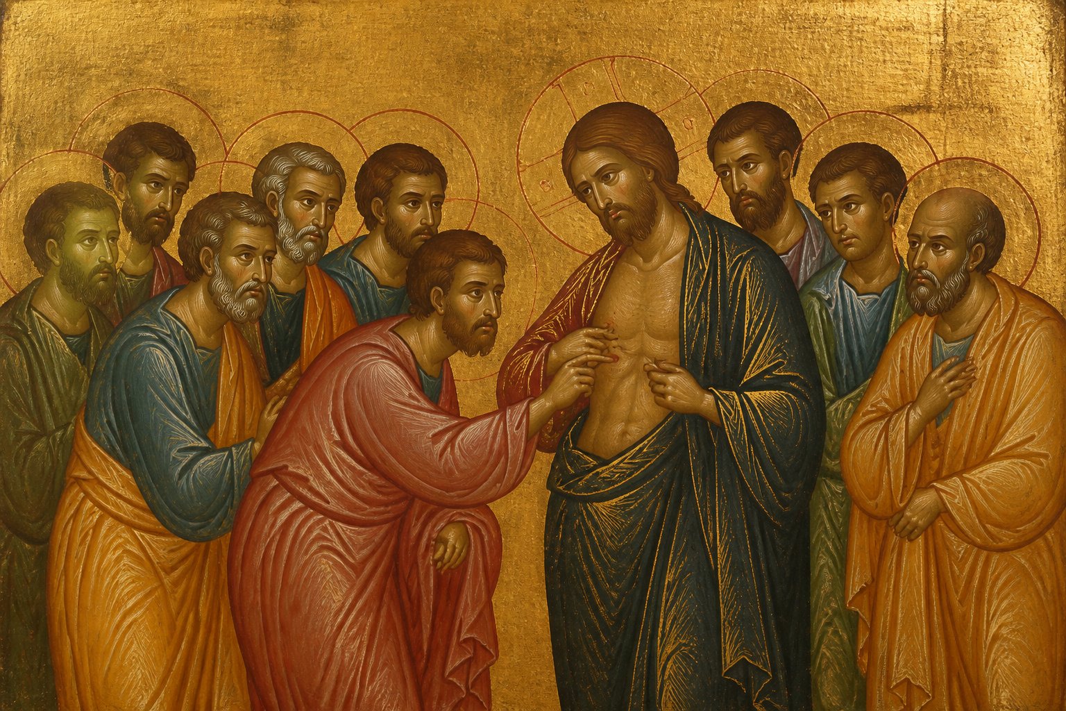 Icoană ortodoxă bizantină reprezentând momentul în care Sfântul Apostol Toma atinge rănile lui Hristos.
