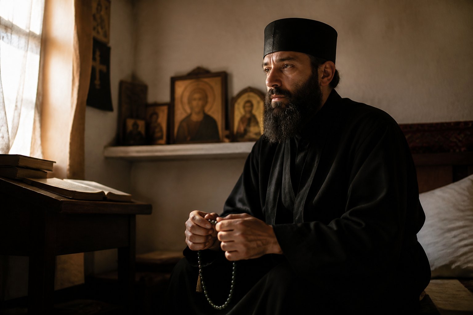 Un călugăr cu metanier în mână, într-o chilie monastică, în rugăciune.