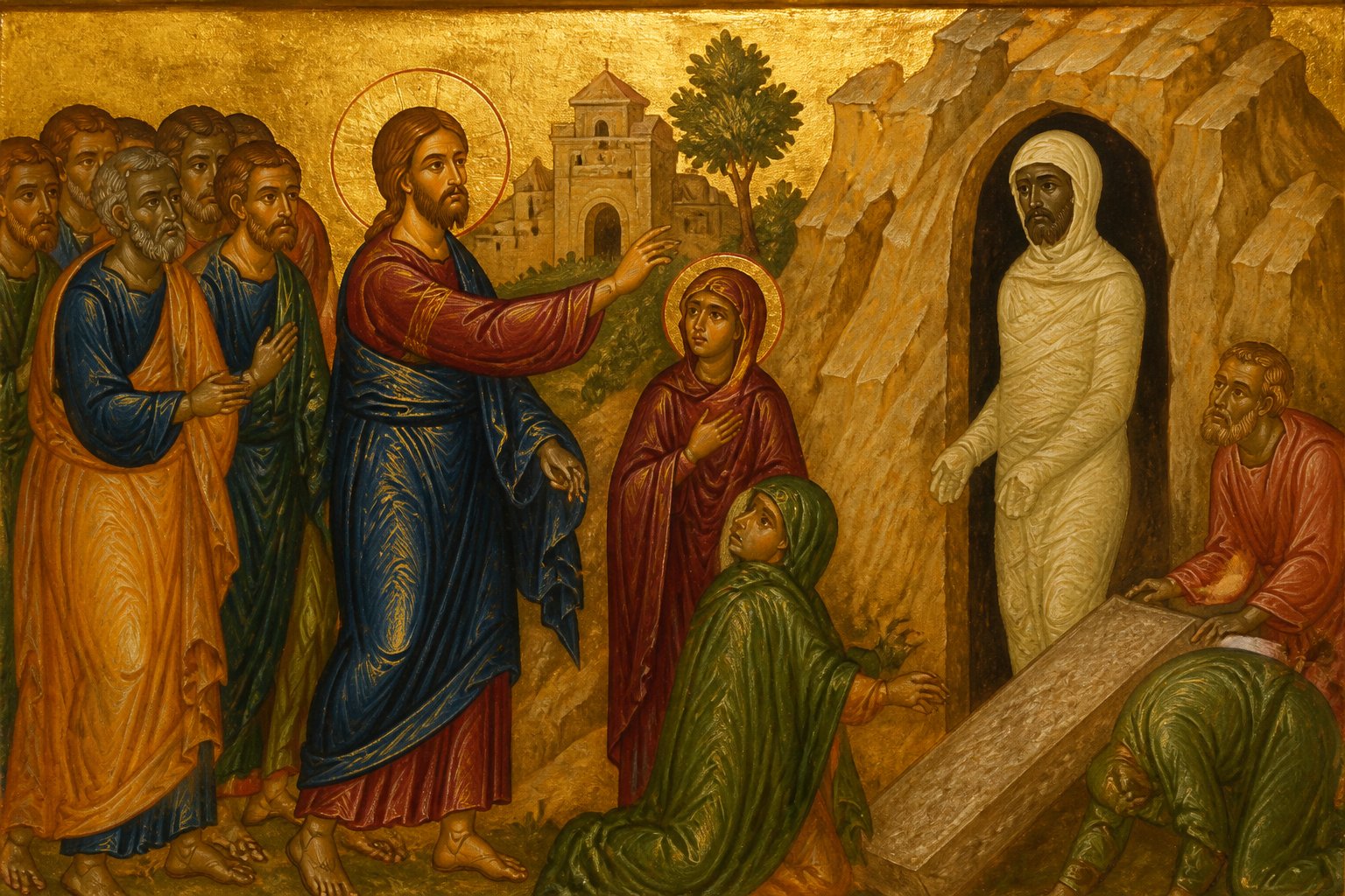 Icoană ortodoxă bizantină reprezentând Învierea lui Lazăr din morți de către Iisus Hristos.