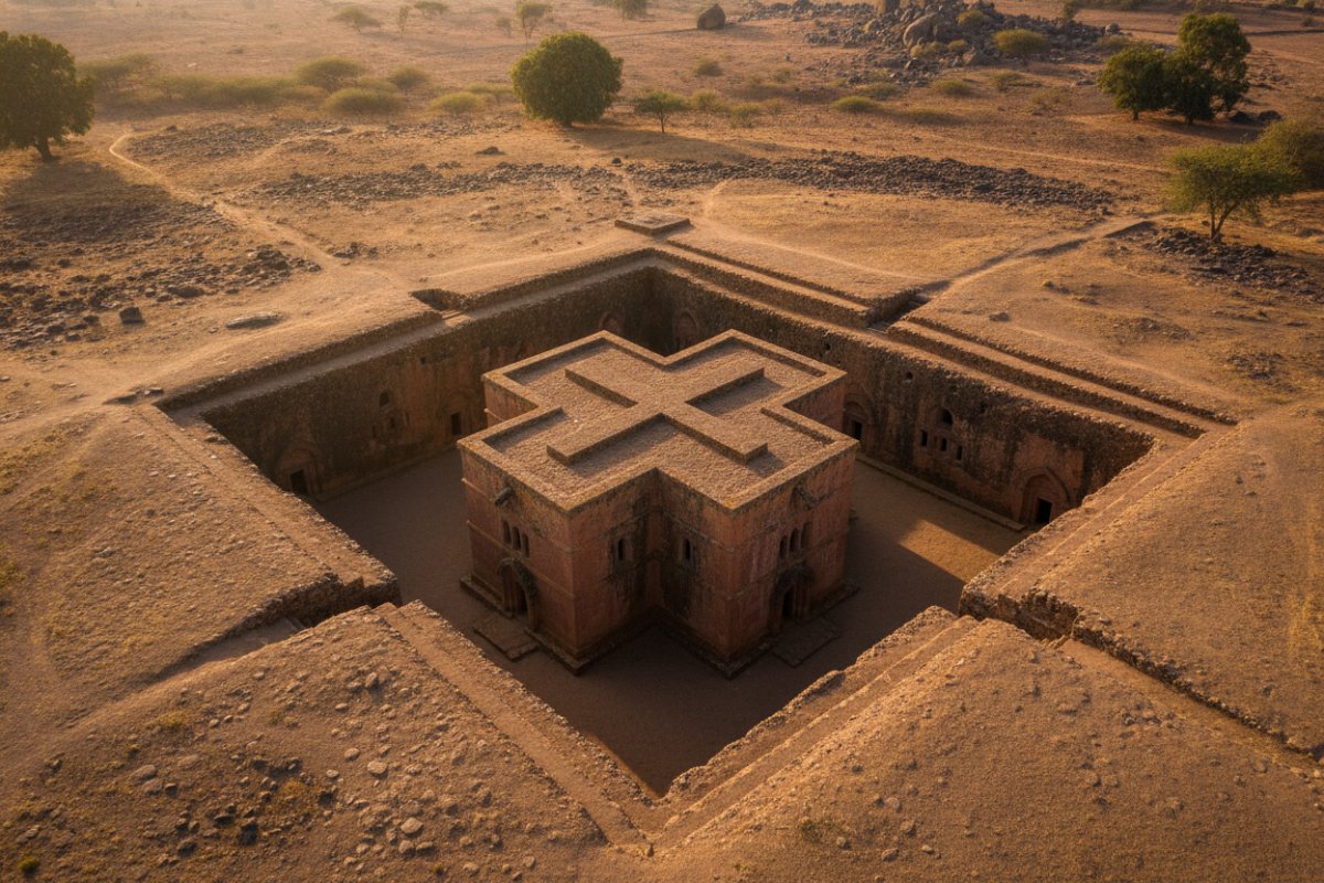 În satul bisericesc etiopian Lalibela, biserica Sfântul Gheorghe este tăiată în…