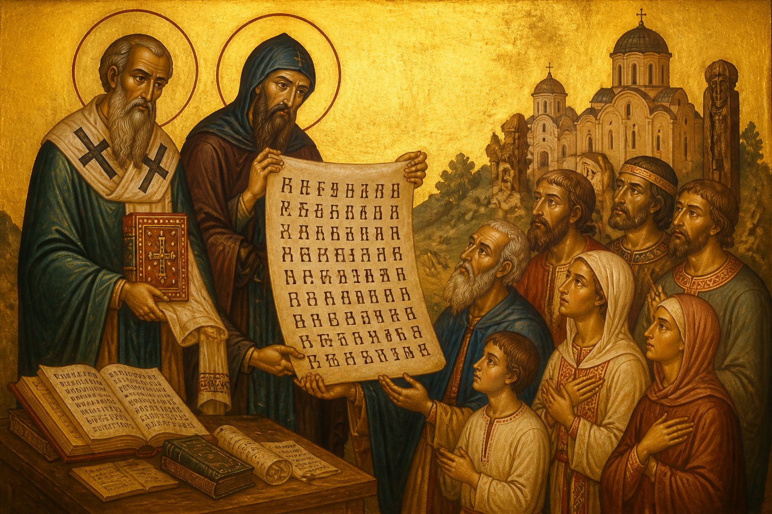 Icoană ortodoxă bizantină cu Sfinții Chiril și Metodie prezentând alfabetul glagolitic.