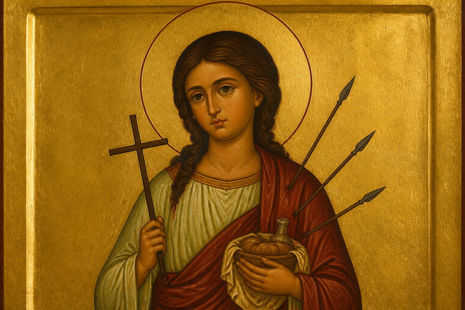 Icoană ortodoxă bizantină a Sfintei Filofteia, o tânără martiră a milosteniei.