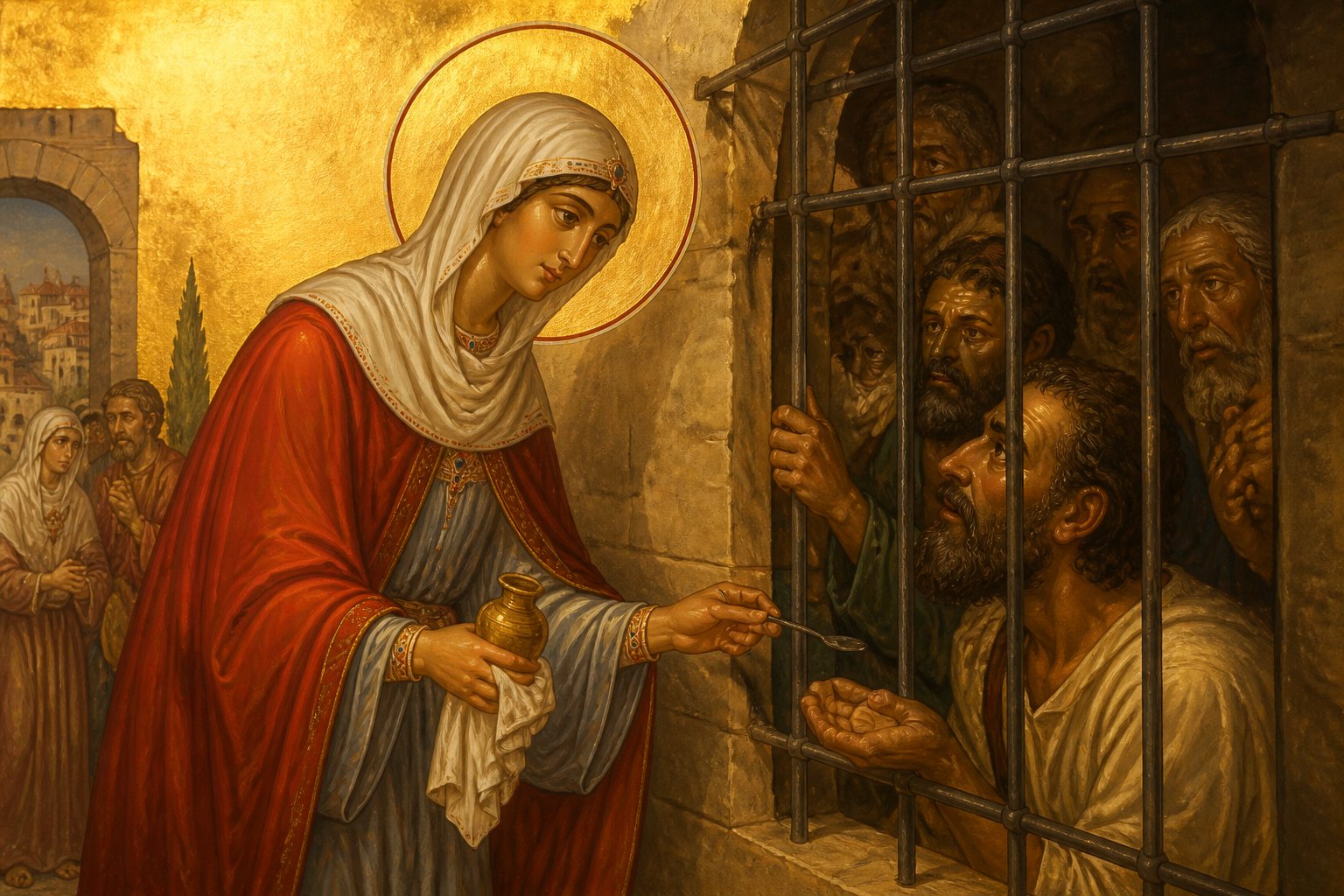Icoană ortodoxă bizantină a Sfintei Anastasia Izbăvitoarea de otrăvuri, ajutând creștini închiși.