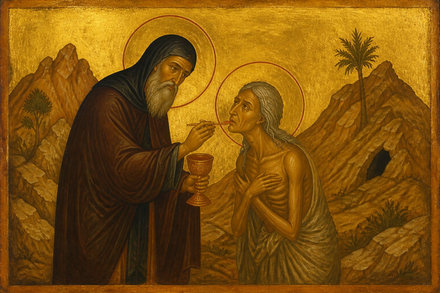 Icoană bizantină cu Sfânta Maria Egipteanca primind Împărtășania de la Sfântul Zosima în pustiu.