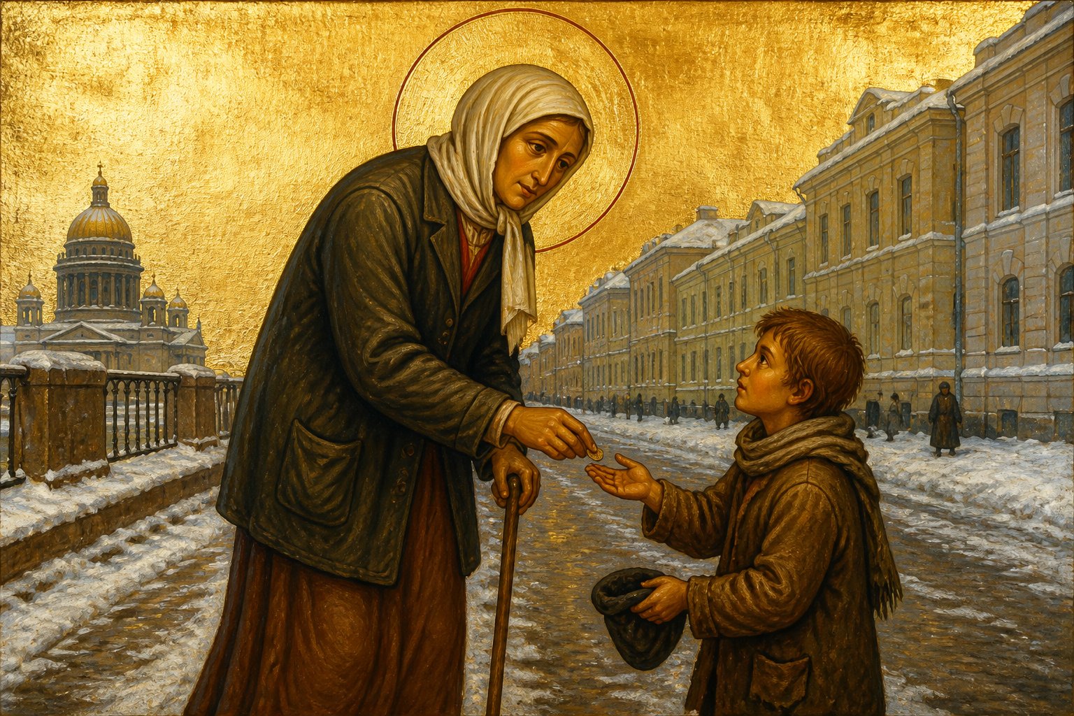 Icoană bizantină a Sfintei Xenia din Sankt Petersburg, cerșetoare, oferind milostenie.