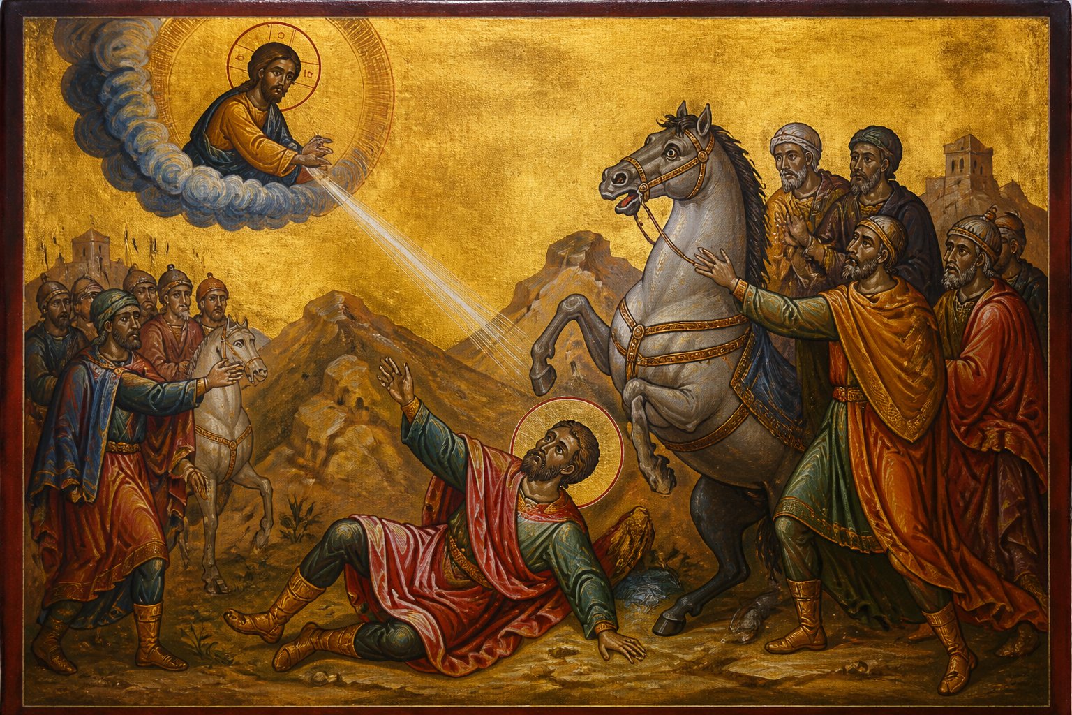 Icoană ortodoxă bizantină: Convertirea Sfântului Apostol Pavel pe drumul spre Damasc.