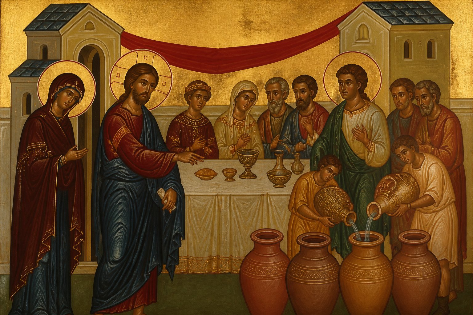 Icoană bizantină a nunții din Cana Galileii, cu Iisus, Maria și Sfântul Simon Zelotul.