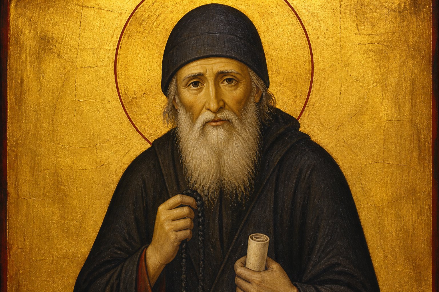 Icoană ortodoxă bizantină a Sfântului Paisie Aghioritul, cu barbă și chip senin.