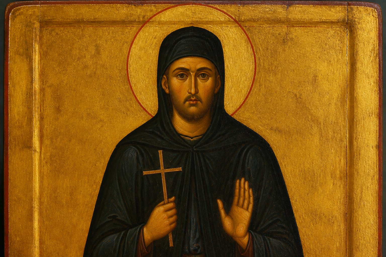Icoană ortodoxă bizantină a Sfântului Efrem cel Nou, Grabnic Ajutătorul, cu aureolă.