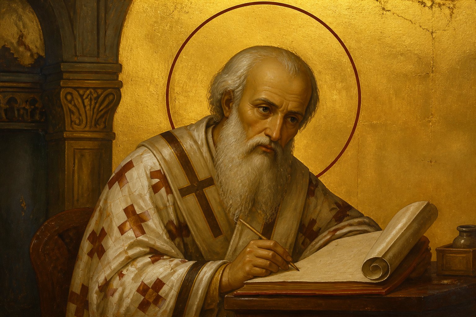 Icoană ortodoxă bizantină a Sfântului Efrem Sirul, scriind sau meditând, cu fond auriu.