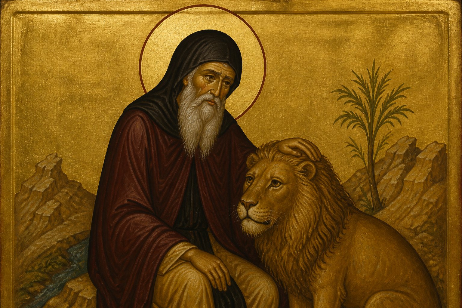 Icoană bizantină a Sfântului Gherasim de la Iordan, alături de leul său credincios.