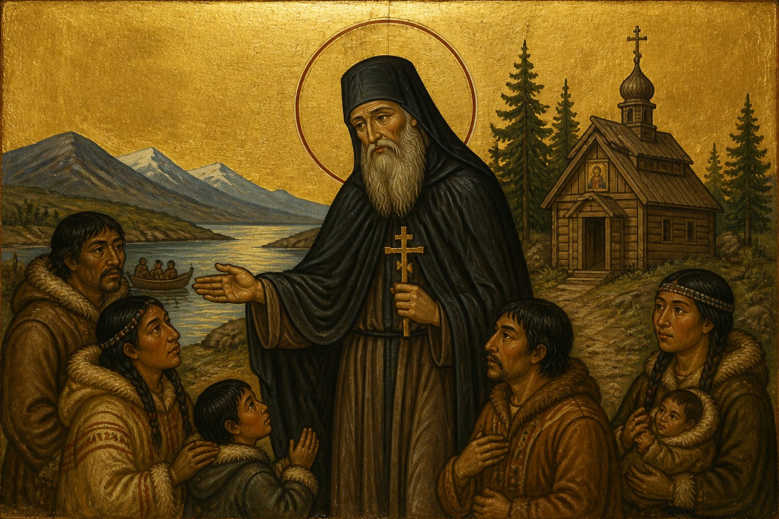 Icoană ortodoxă bizantină a Sfântului Gherman din Alaska, protector al aleuților, în sălbăticie.