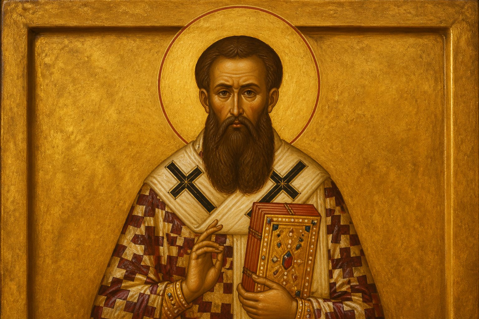 Icoană ortodoxă bizantină a Sfântului Grigorie Palama, arhiepiscop, cu o carte în mână.