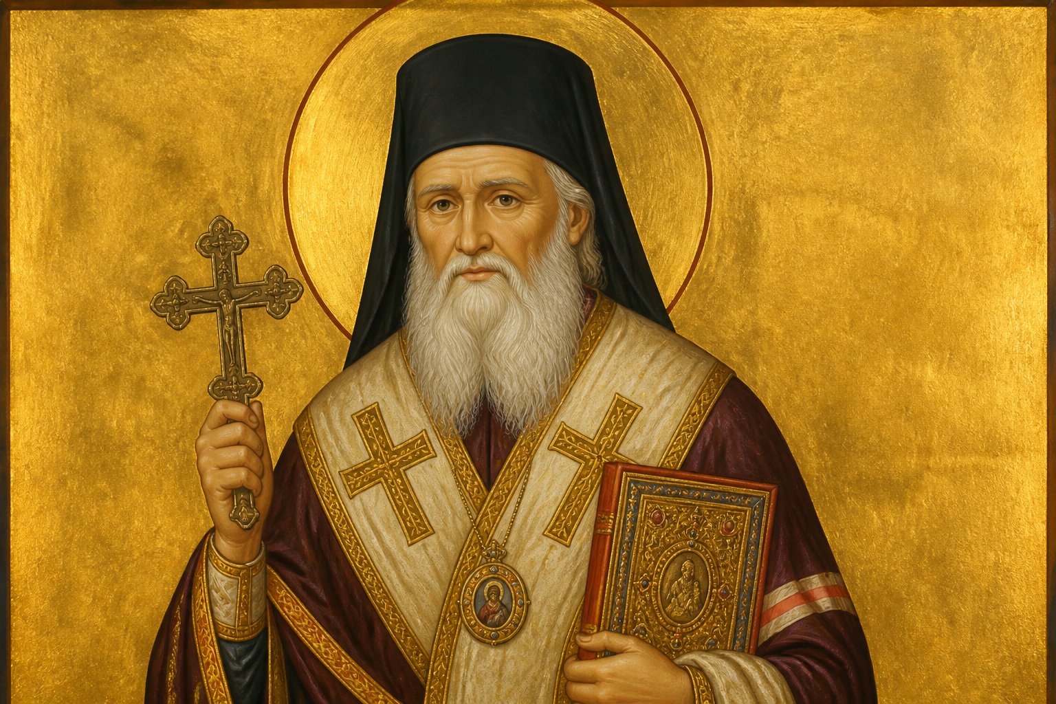 Icoană ortodoxă bizantină a Sfântului Ierarh Calinic de la Cernica, episcop cu barbă albă.