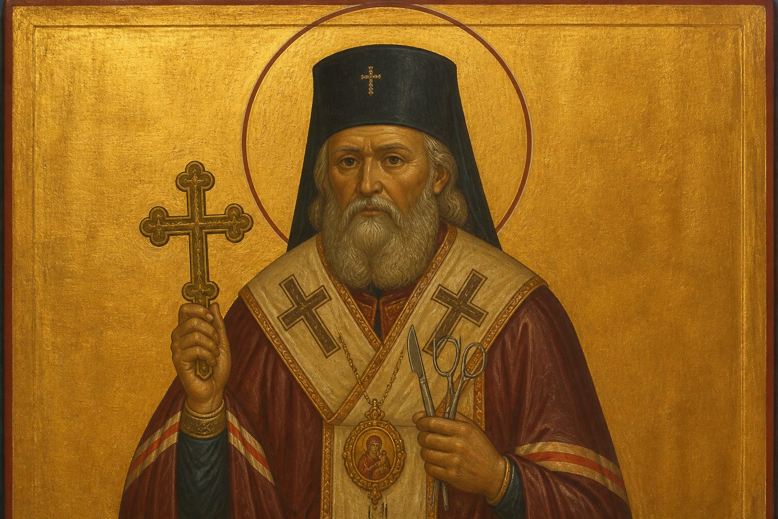 Icoană bizantină a Sfântului Luca al Crimeei, episcop și chirurg, cu cruce și instrumente.