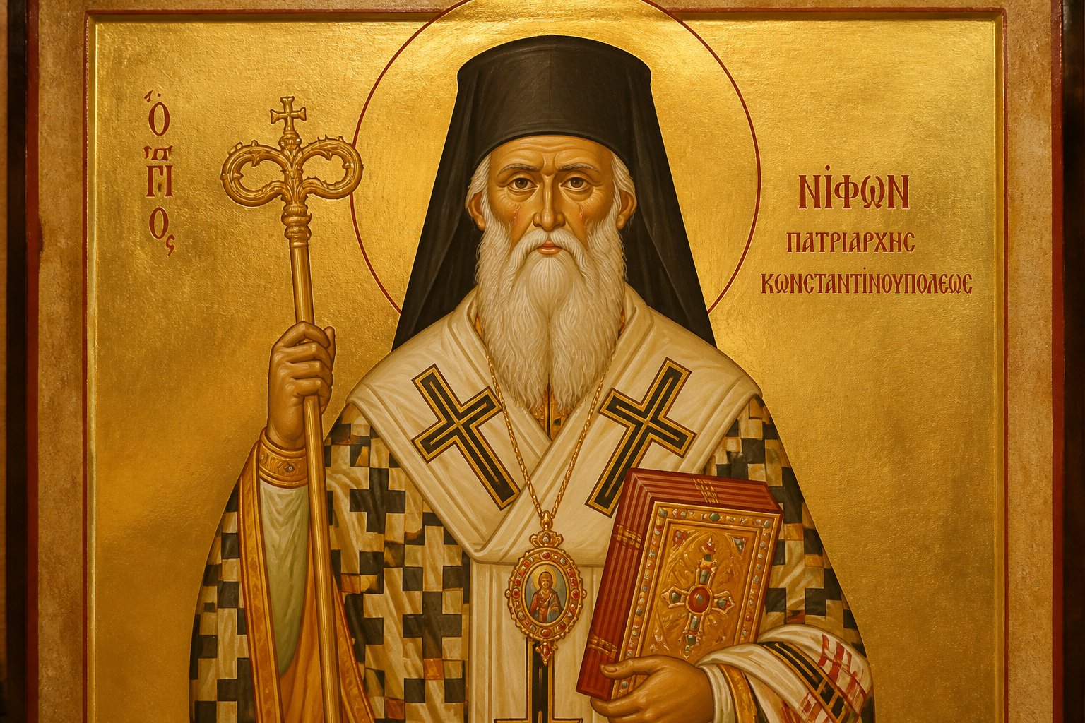 Icoană ortodoxă bizantină a Sfântului Ierarh Nifon, Patriarhul Constantinopolului, în veșminte patriarhale.