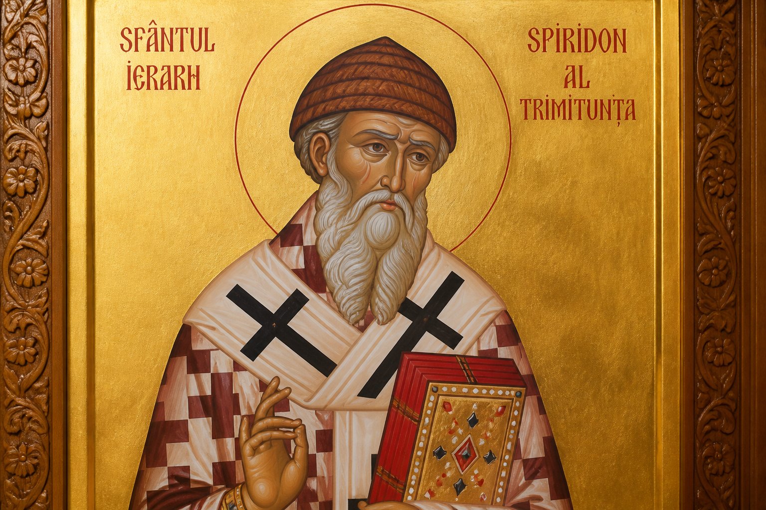 Icoană ortodoxă bizantină a Sfântului Ierarh Spiridon, episcop, cu cartea Evangheliei.