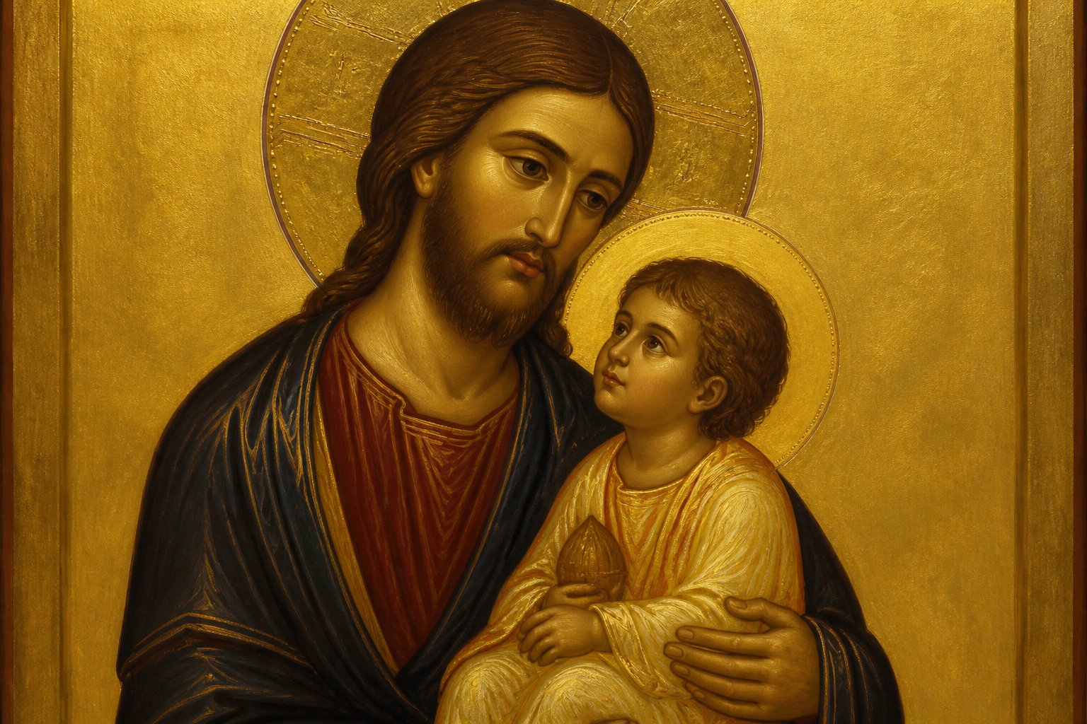 Icoană ortodoxă bizantină cu Iisus Hristos ținând un copil în brațe.