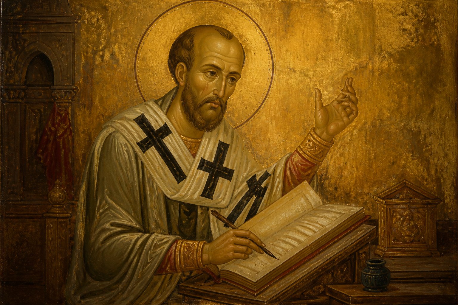 Icoană ortodoxă bizantină a Sfântului Ioan Gură de Aur, scriind sau predicând.