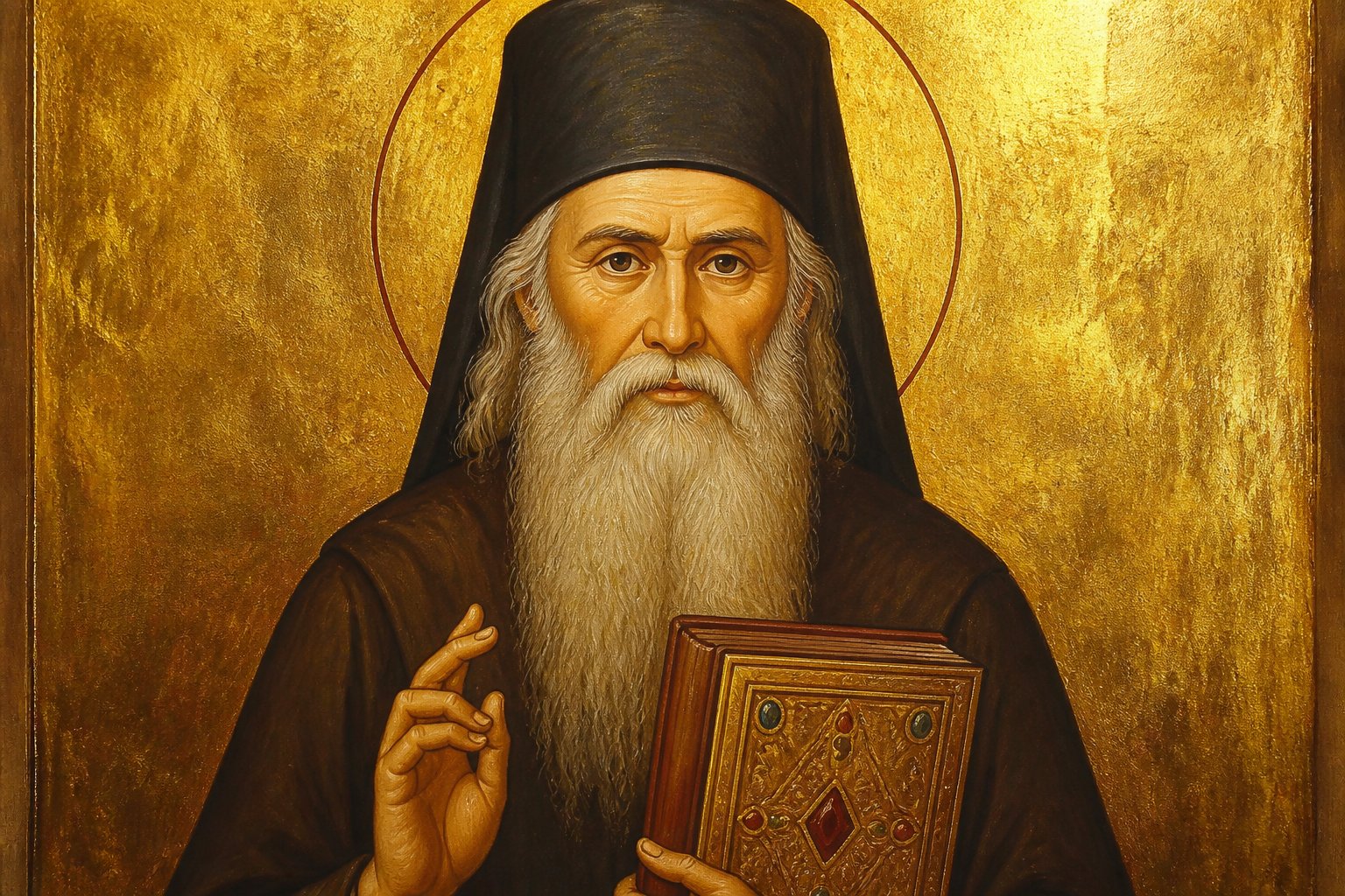 Icoană ortodoxă bizantină a Sfântului Iustin Popovici din Serbia, cu barbă albă.