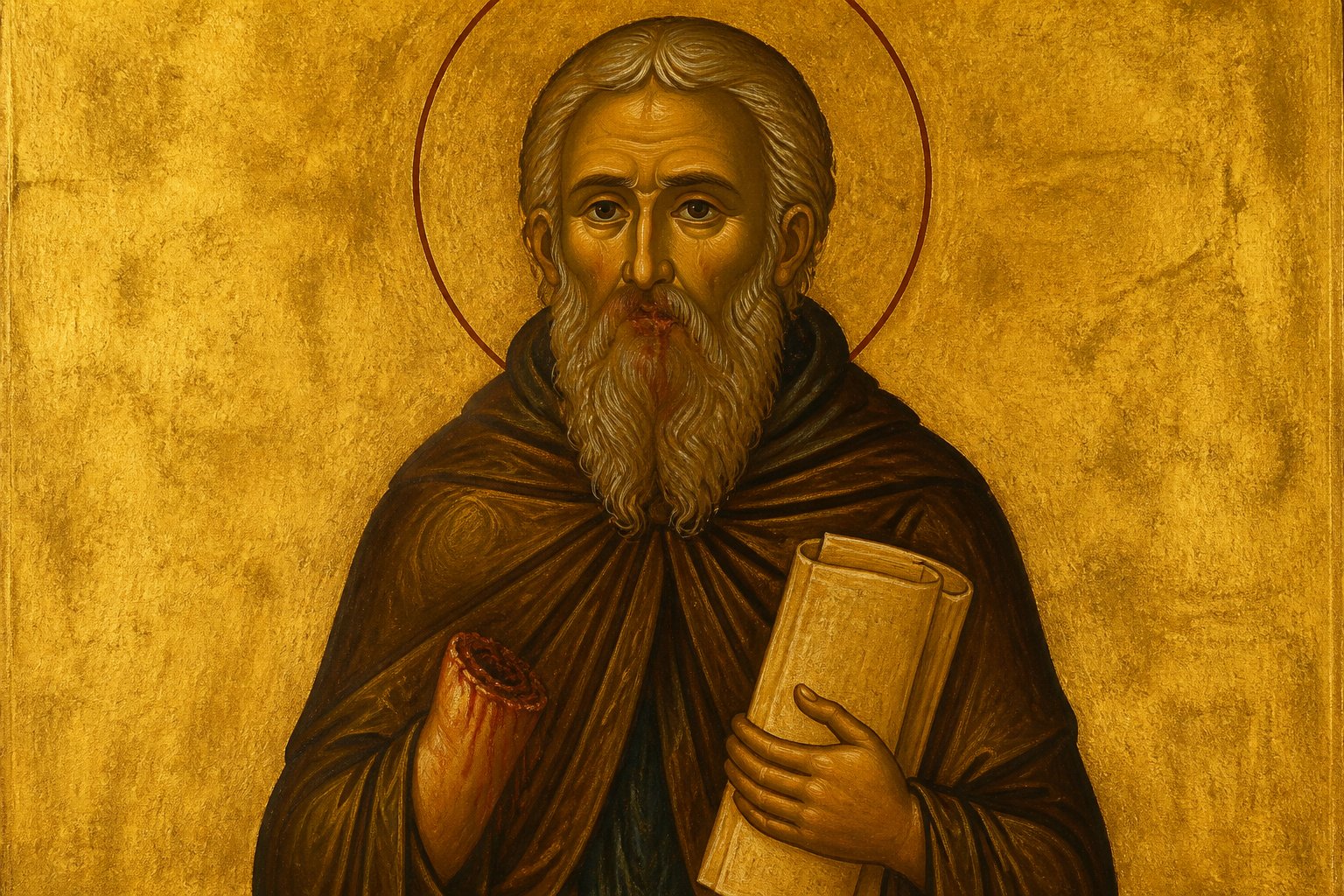 Icoană ortodoxă bizantină a Sfântului Maxim Mărturisitorul, cu limba și mâna tăiate.