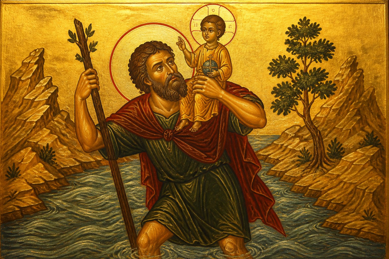 Icoană ortodoxă bizantină a Sfântului Hristofor purtând Pruncul Iisus peste un râu.