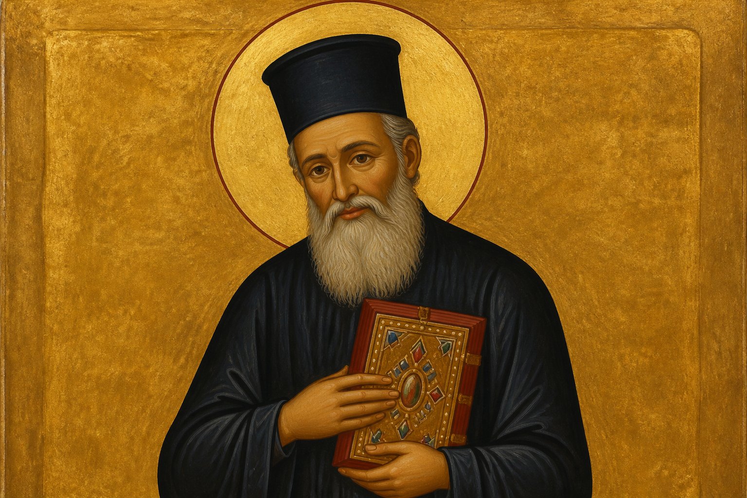 Icoană bizantină a Sfântului Nicolae Planas, preot grec, cu cartea Evangheliei.