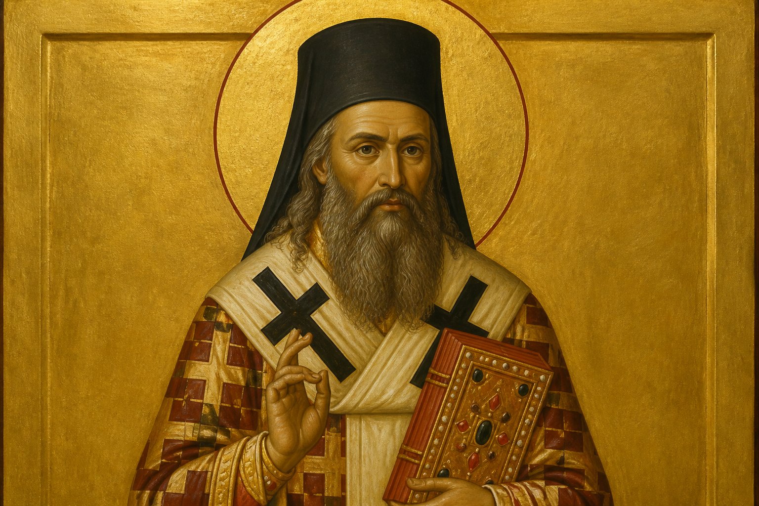 Icoană ortodoxă bizantină a Sfântului Nicolae Velimirovici, episcop sârb, cu aureolă.
