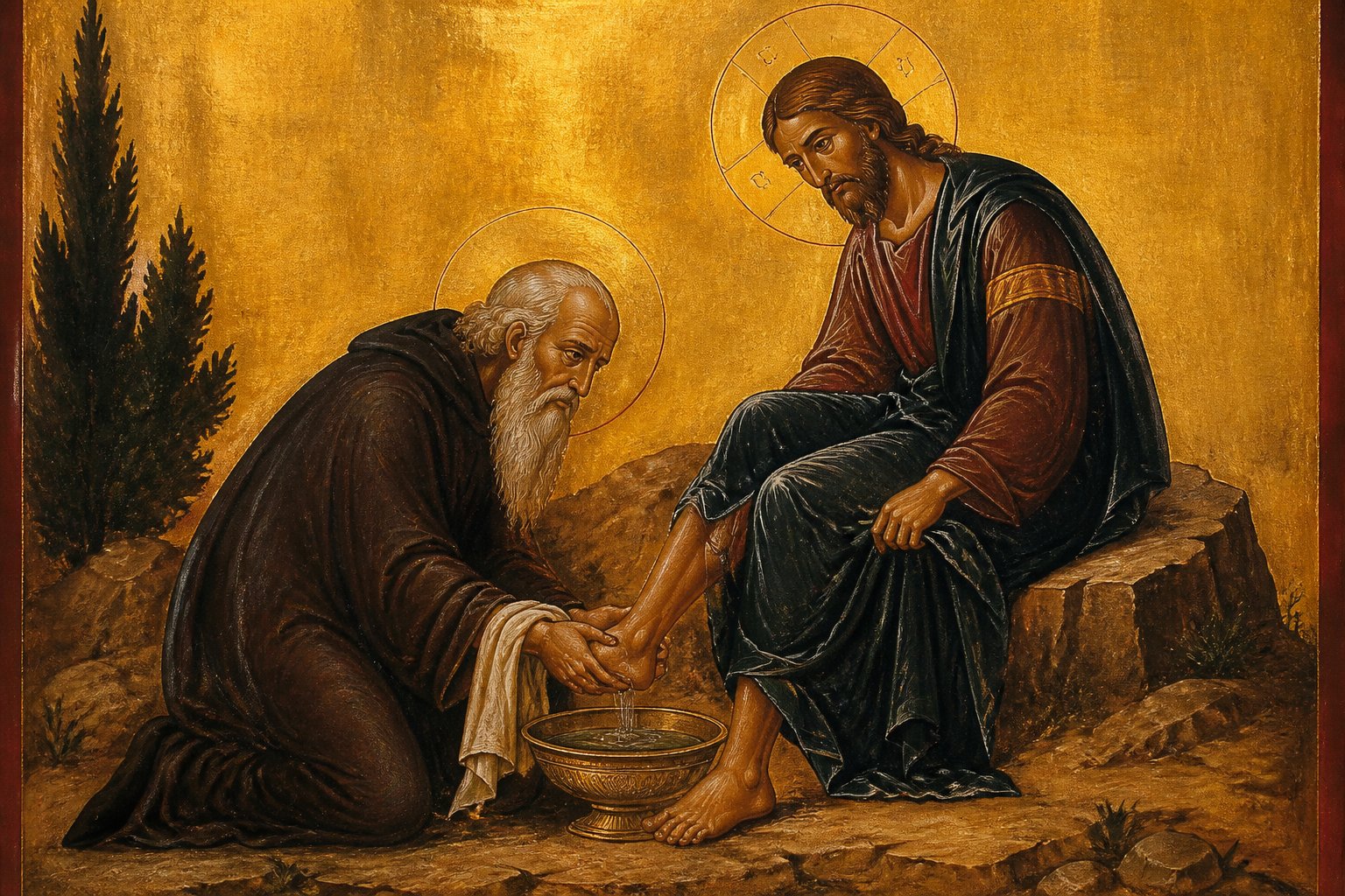 Icoană bizantină cu Sfântul Paisie cel Mare spălând picioarele lui Hristos călătorul.