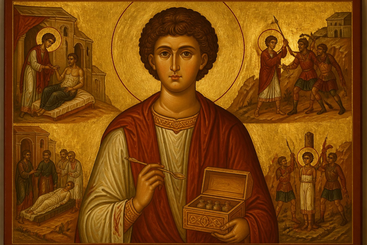 Icoană ortodoxă bizantină a Sfântului Pantelimon, medicul fără arginți, vindecătorul.