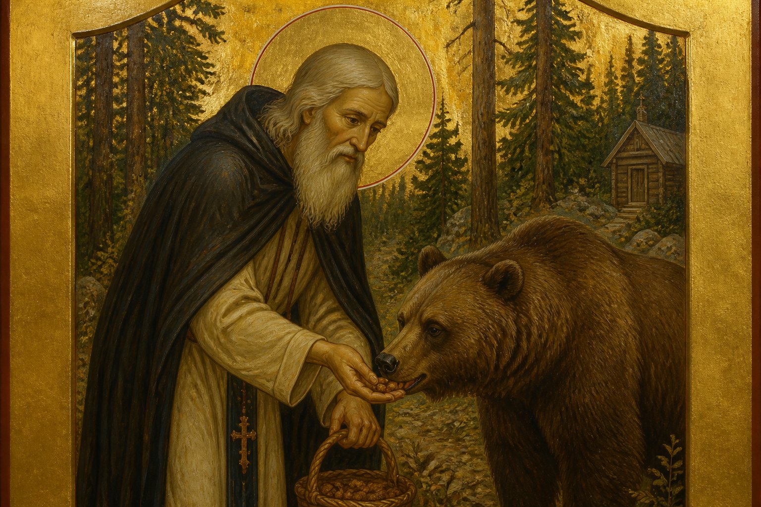 Icoană ortodoxă bizantină: Sfântul Serafim de Sarov hrănind un urs în pădure.