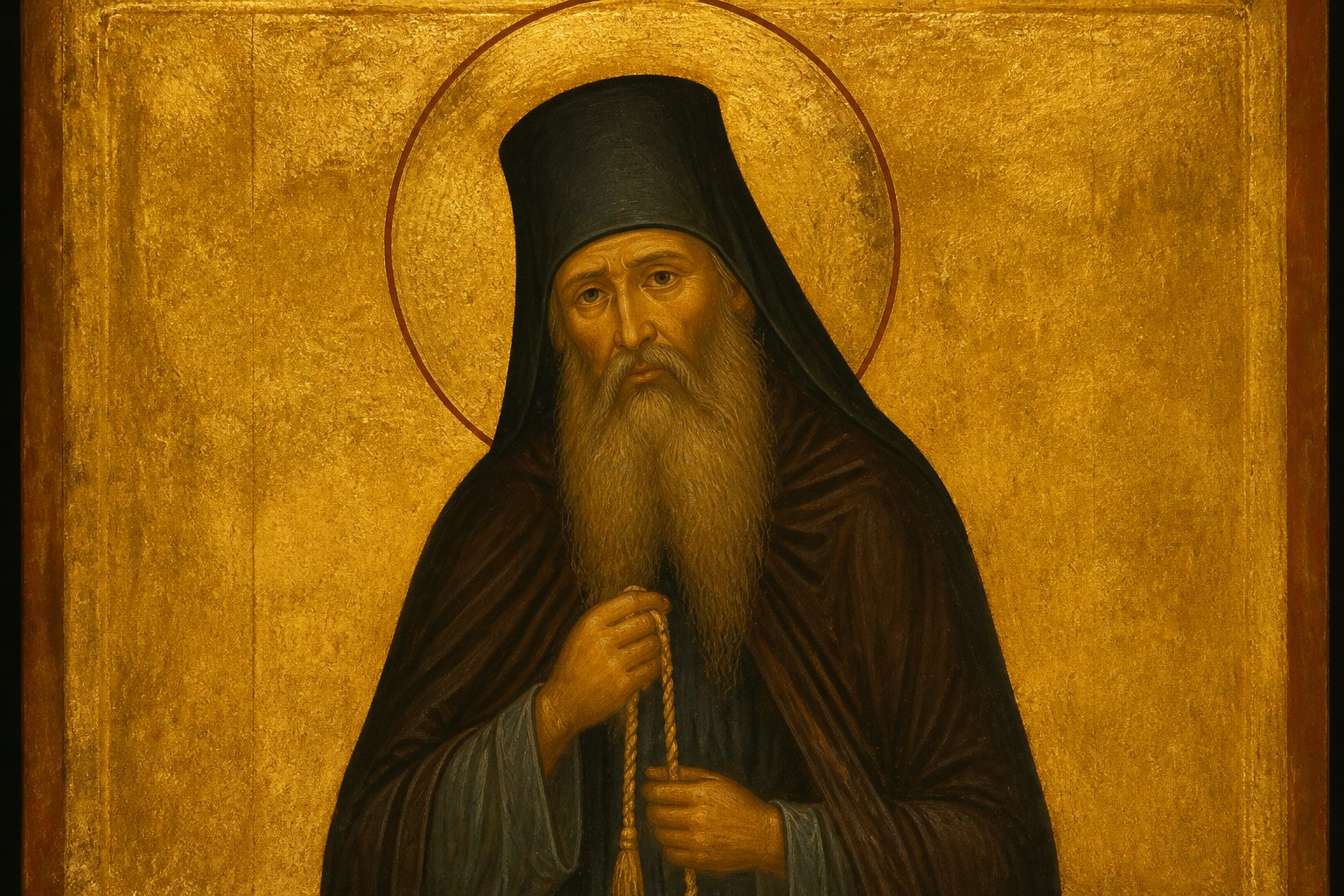 Icoană ortodoxă bizantină a Sfântului Siluan Athonitul, călugăr rus cu barbă lungă.