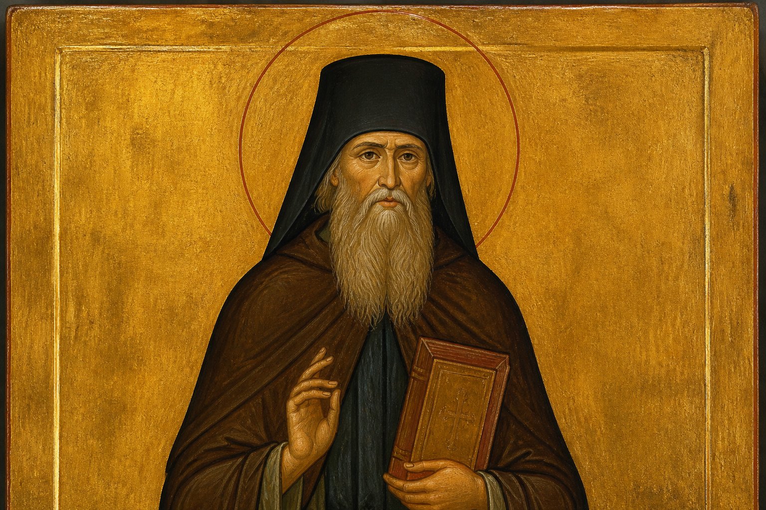 Icoană ortodoxă bizantină a Sfântului Teofan Zăvorâtul, cu carte, fond auriu.