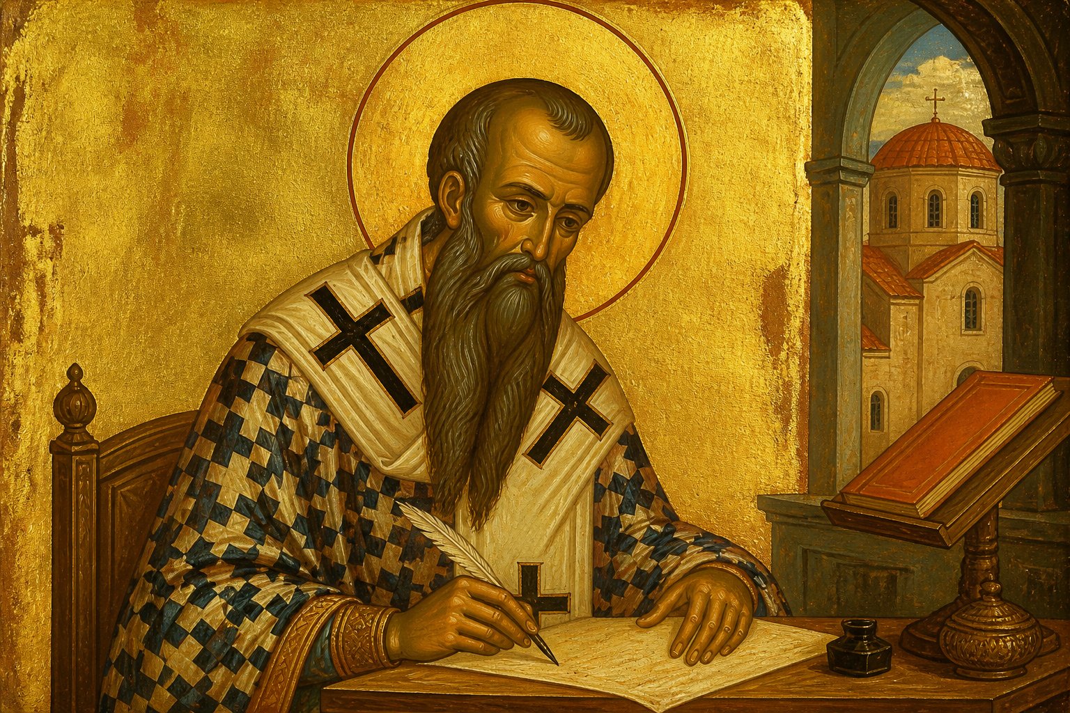 Icoană bizantină a Sfântului Vasile cel Mare scriind, cu aură și veșminte episcopale.