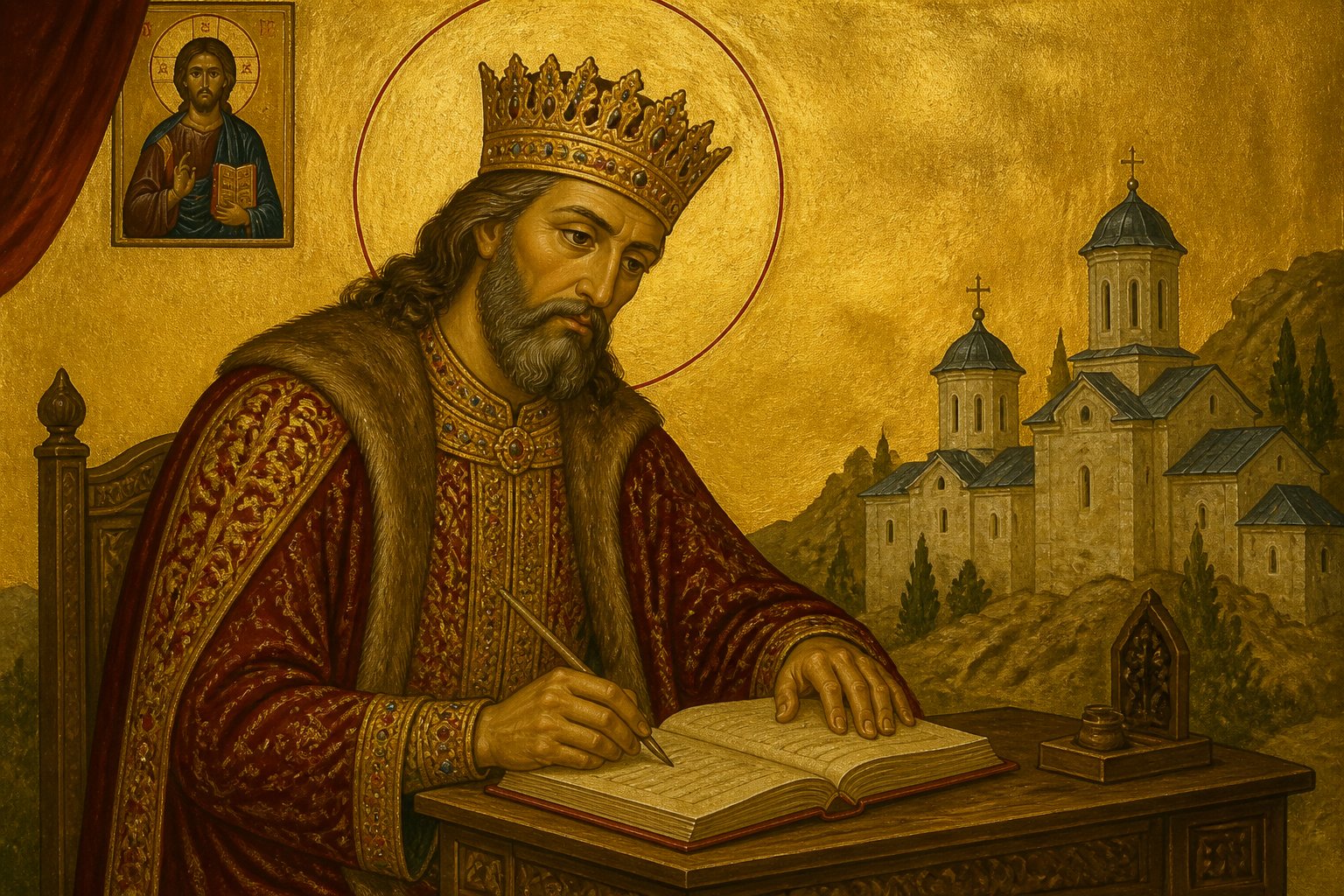 Icoană bizantină a Sfântului Voievod Neagoe Basarab scriind, simbolizând înțelepciunea.