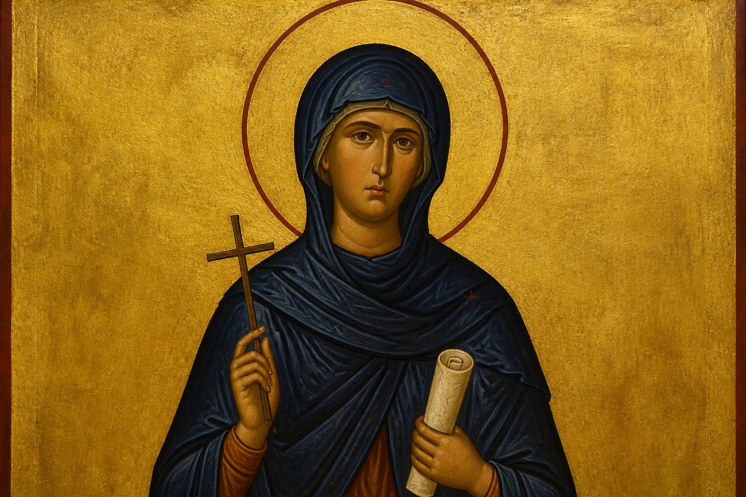 Icoană bizantină a Sfintei Cuvioase Parascheva, cu cruce, pe fond auriu.