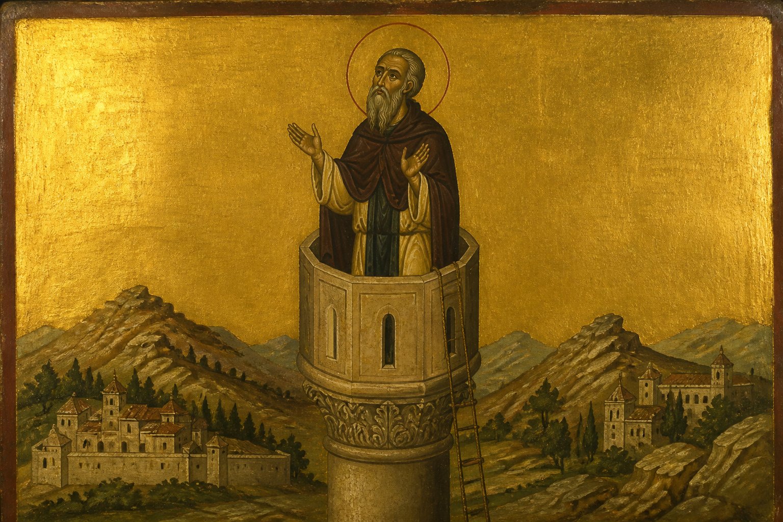 Icoană ortodoxă bizantină a Sfântului Simeon Stâlpnicul, pe coloana sa.