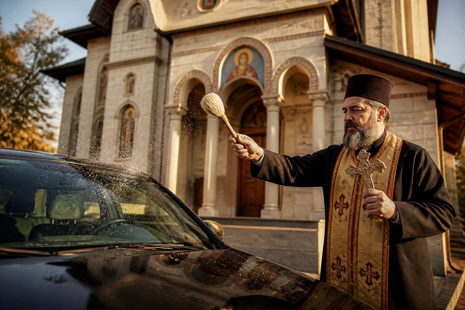 Preot ortodox român binecuvântând o mașină cu agheasmă, în fața unei biserici.