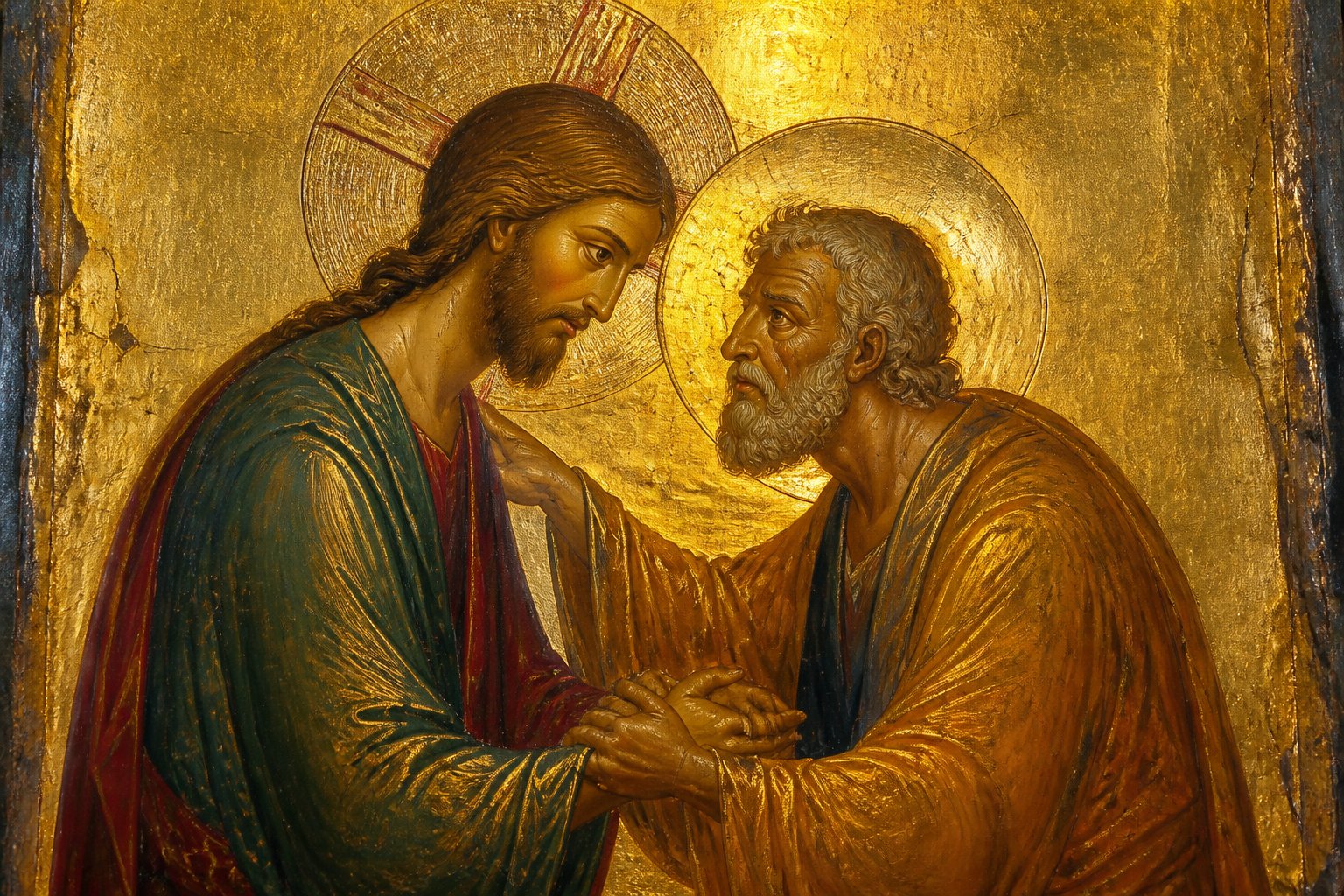 Icoană ortodoxă bizantină ilustrând salutul pascal "Hristos a Înviat!" între două persoane.
